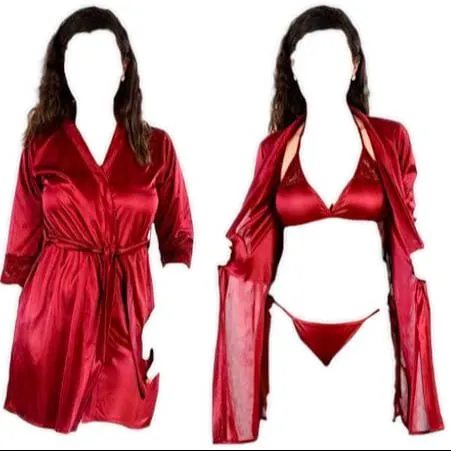 Sexy Women 3 Piece Silk Satin Nighty Set