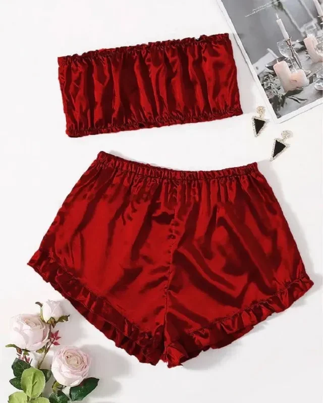 Sexy 2 Piece Silk Satin Robe with Crop Top & Shorts Set