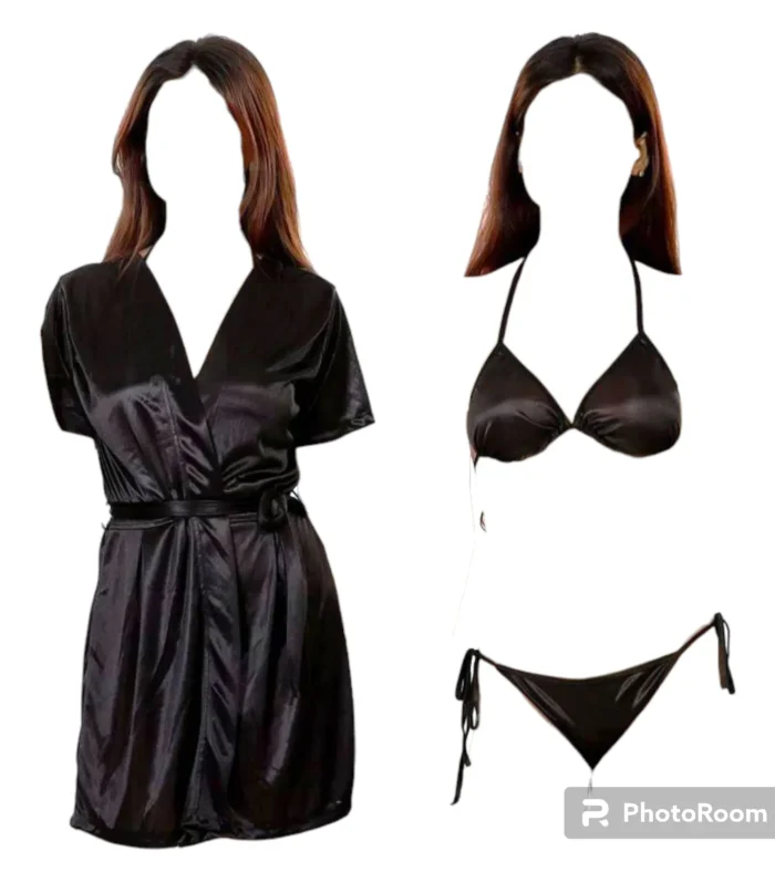 Sexy Women 3 Piece Silk Satin Nighty Set with Kimono Robe & Bra Bikini