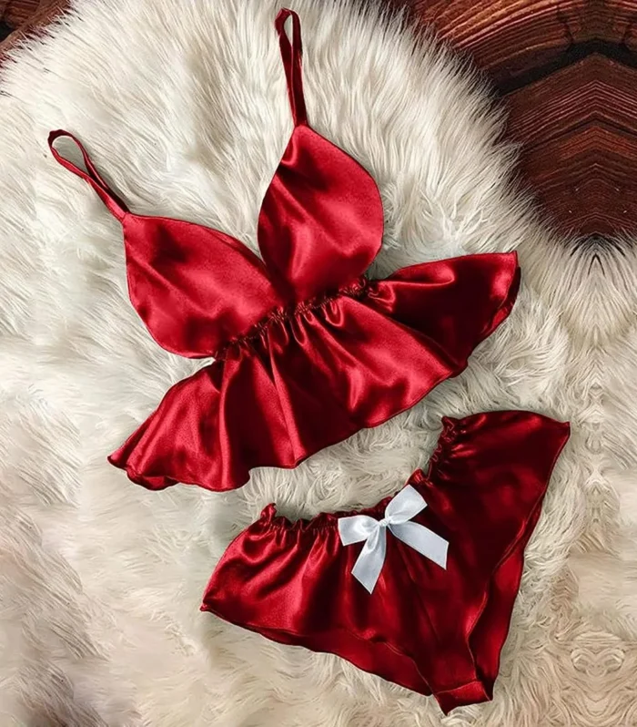 Sexy Silk V-Neck Cami Top with Bowknot Shorts Set